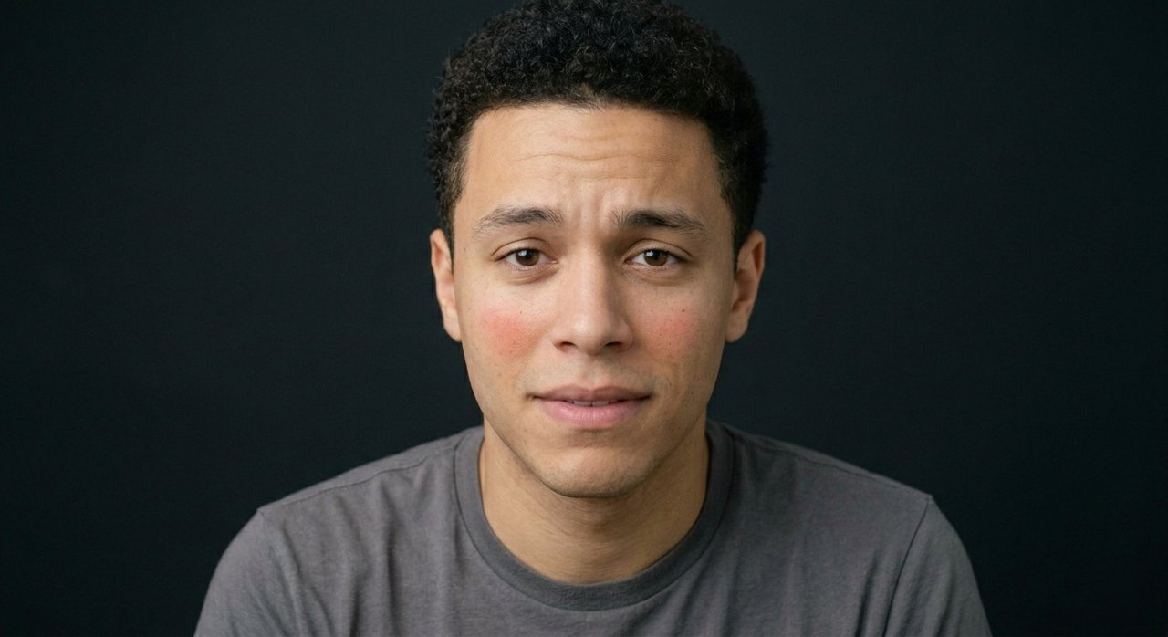 A man's face showing abashment: flushed cheeks, an awkward small smile, eyes lowered.