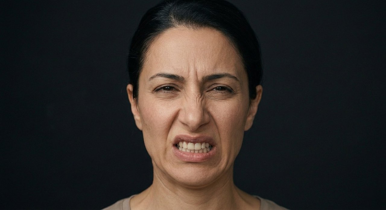 A woman's face showing abhorrence: nose wrinkled, teeth bared, a look of intense loathing.