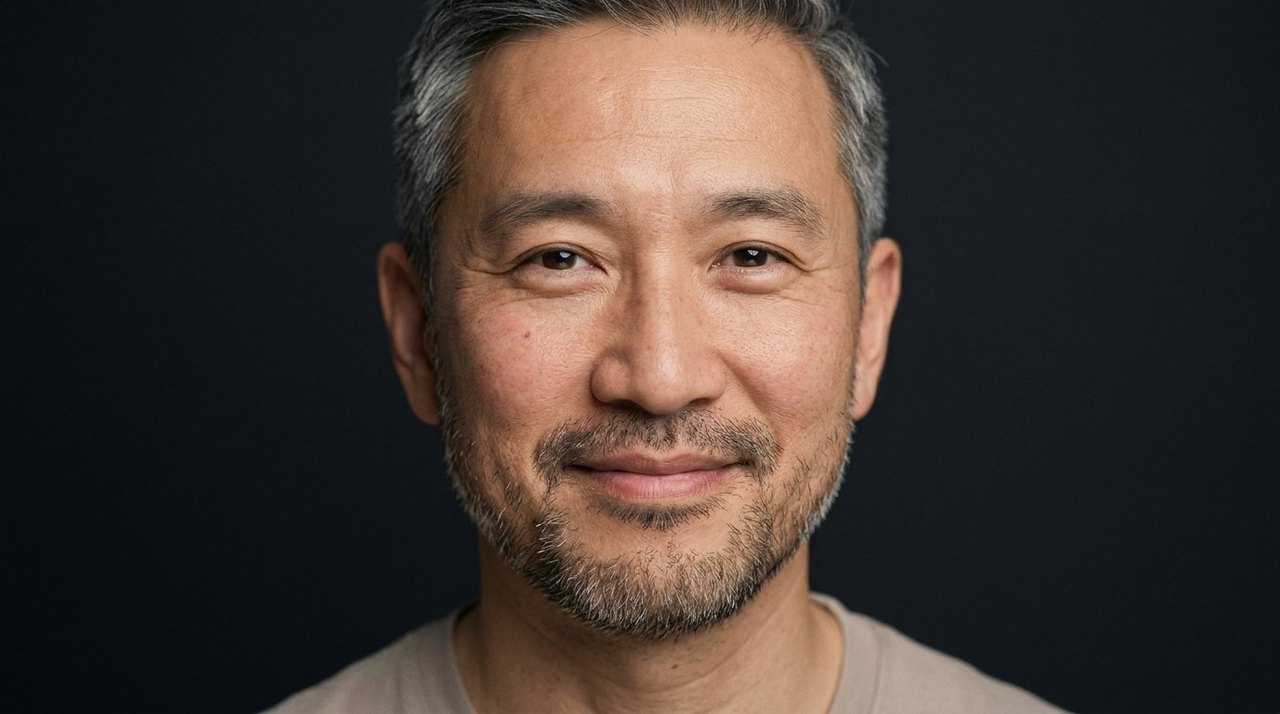A man's face showing acceptance: a warm easy smile and relaxed open eyes.