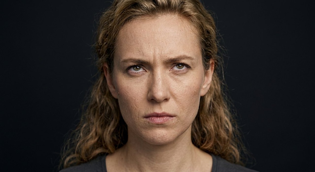 A woman's face showing acrimony: a furrowed brow and a hard sour stare.