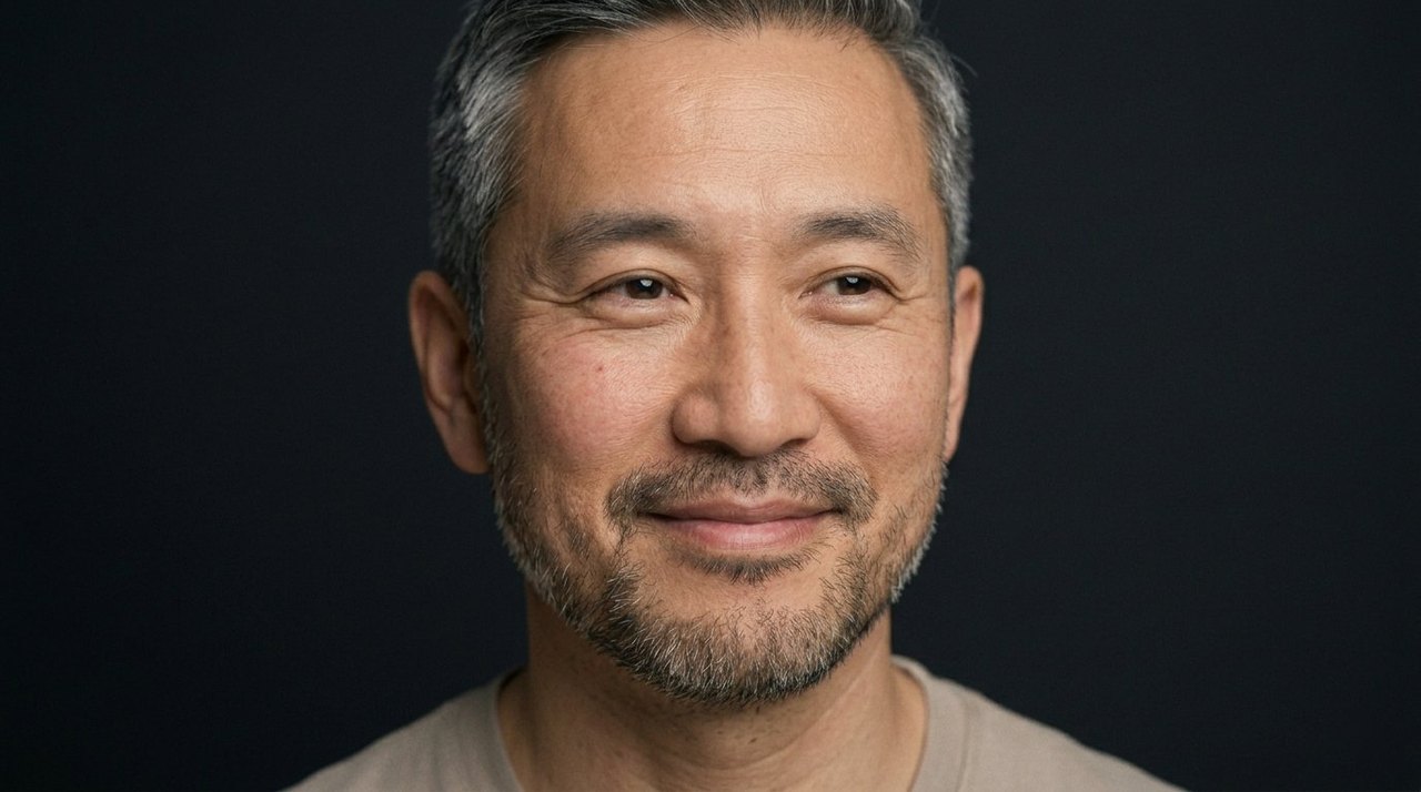 A man's face showing admiration: a warm smile and brightly attentive raised brows.