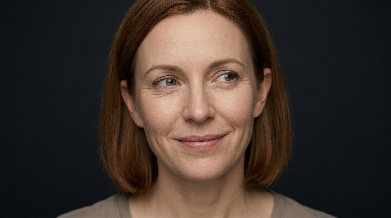 A woman's face showing adulation: a soft admiring smile, a sideways gaze, fond bright eyes.
