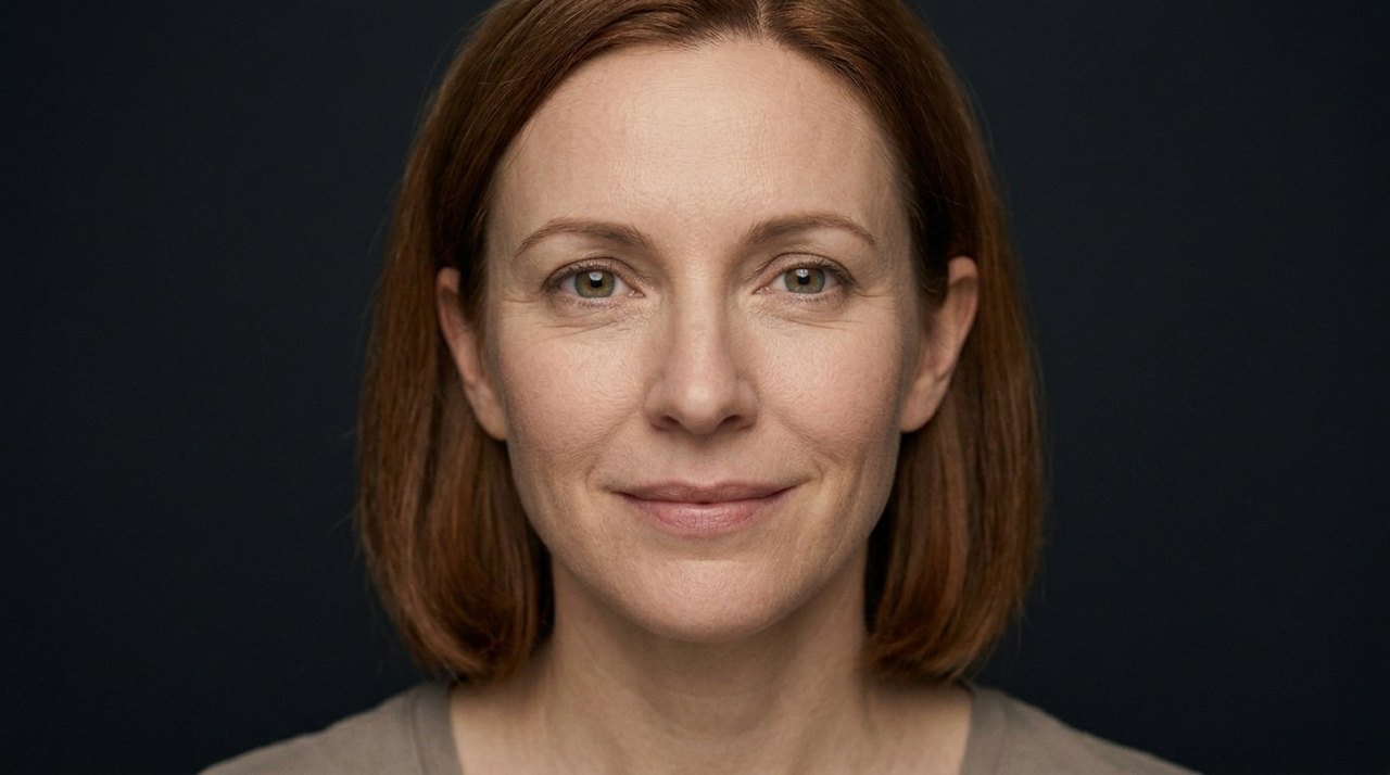 A woman's face showing agape: a calm open expression, soft eyes, a gentle giving warmth.