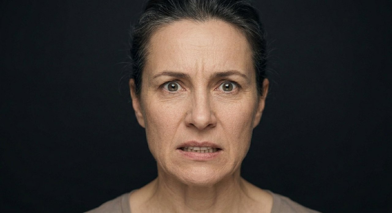 A woman's face showing agitation: a tense brow, parted lips, a restless strained look.