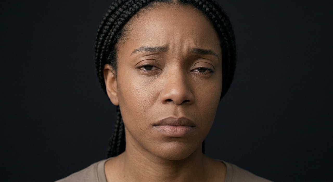 A woman's face showing alienation: a distant, withdrawn gaze and a faintly troubled brow.