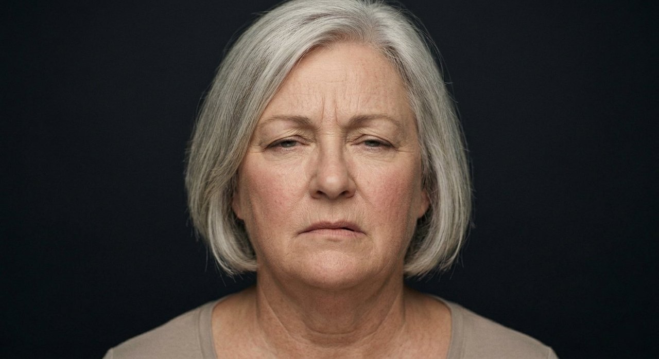 A woman's face showing ambivalence: knitted brows, pressed lips, a torn uncertain look.