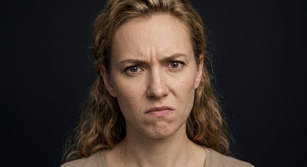 A woman's face showing anger: a furrowed brow, downturned mouth, a hard stare.