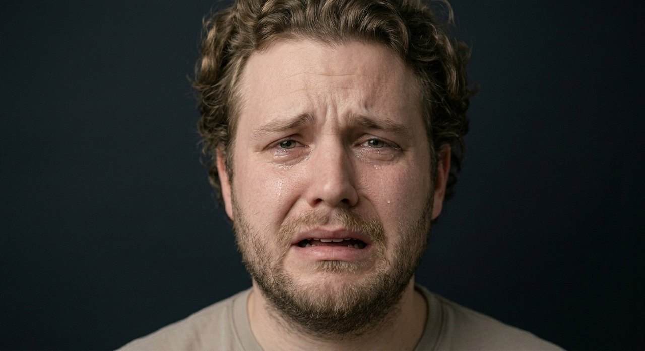 A man's face showing anguish: an open mouth, knotted brow, teeth bared in pain.