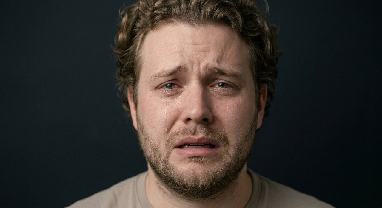 A man's face showing anticipatory grief: tearful eyes, a crumpled mouth, wet cheeks.