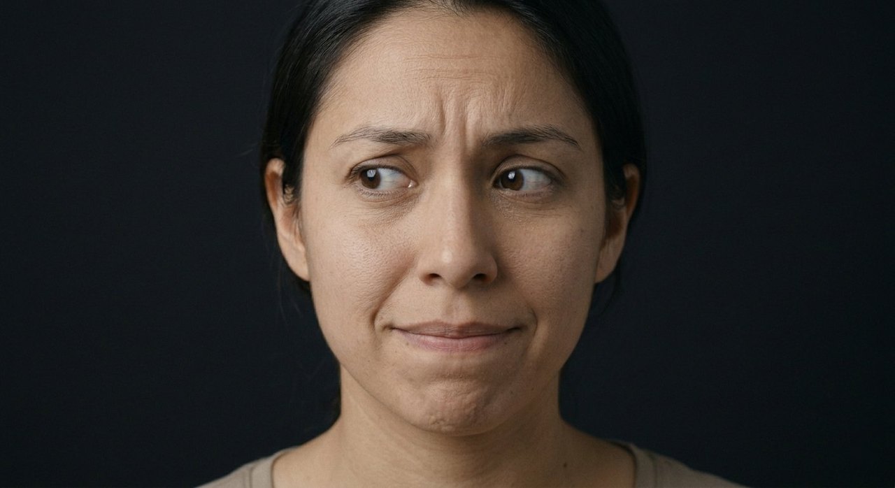 A woman's face showing anxiety: a knotted brow, tense mouth, a strained, worried gaze.