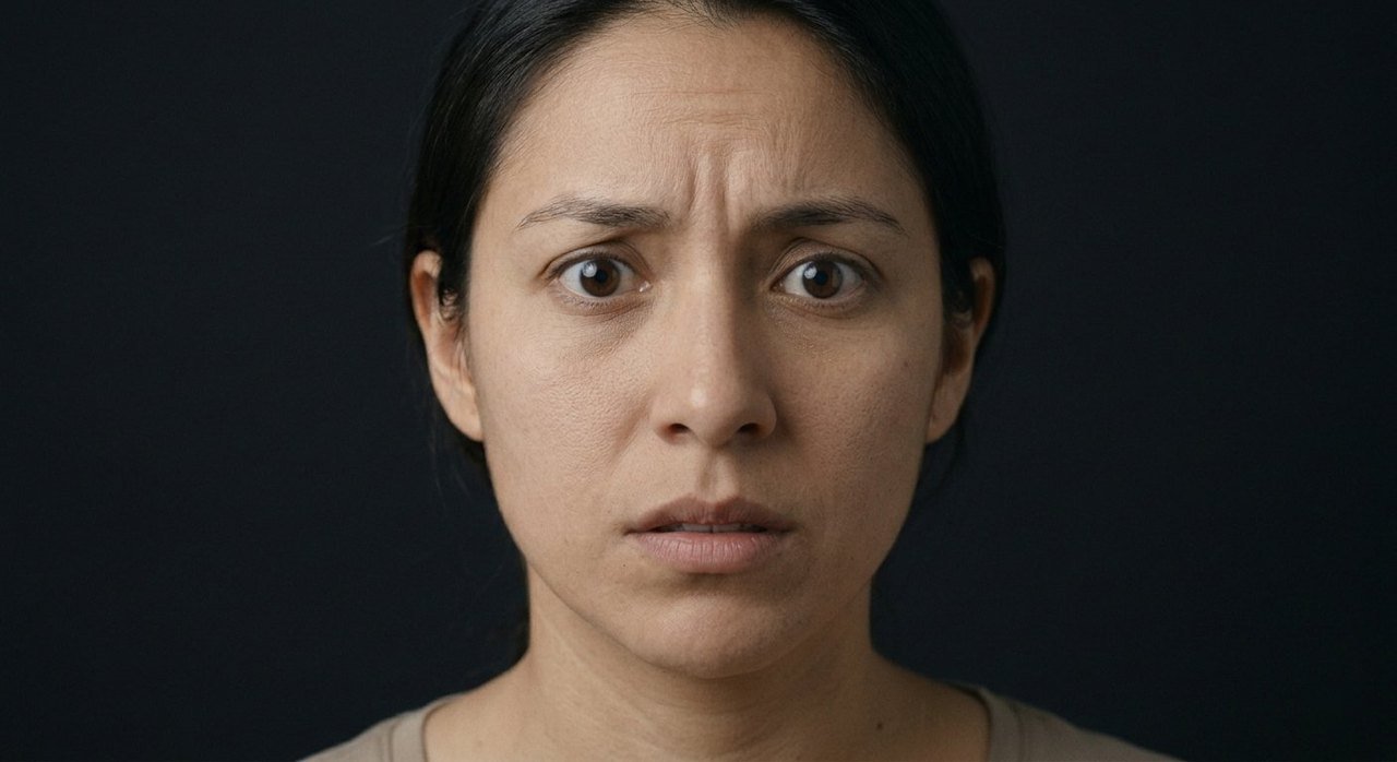A woman's face showing apprehension: a furrowed brow and an anxious, braced expression.