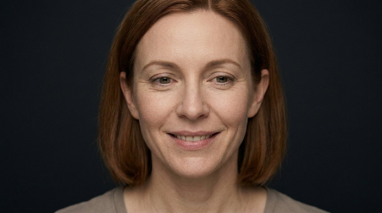 A woman's face showing ardour: a bright warm smile, eager eyes, an ardent glowing look.
