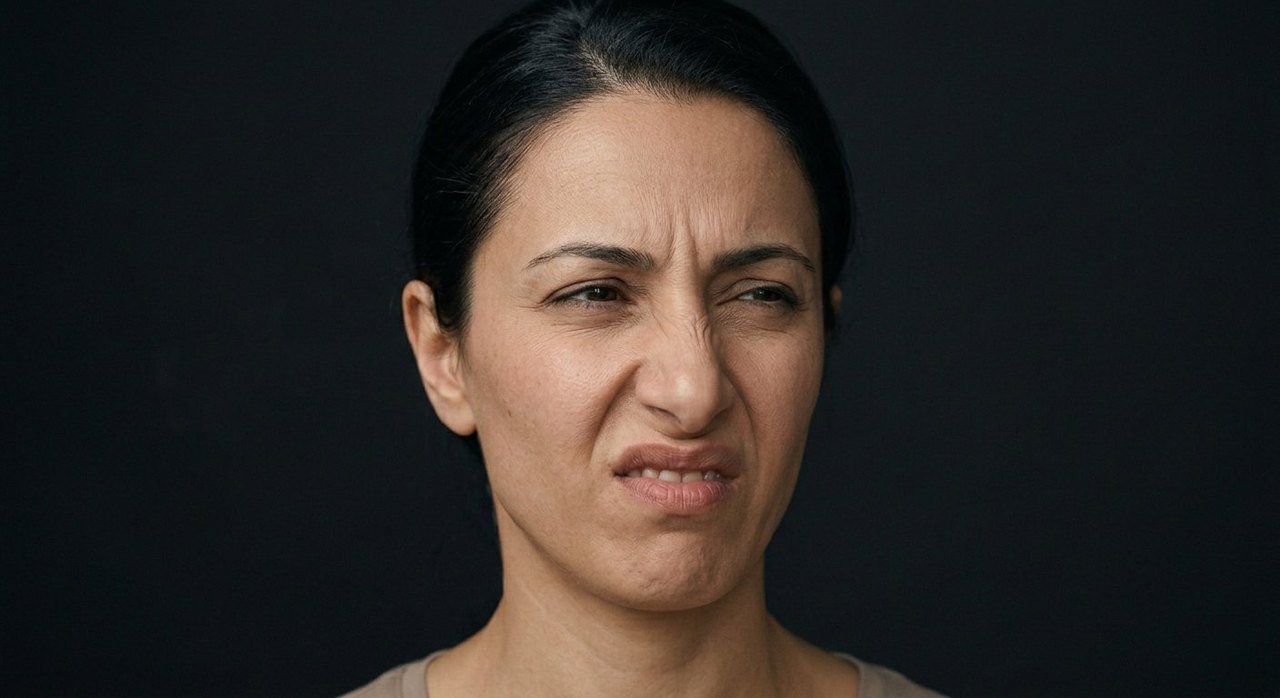 A woman's face showing aversion: nose wrinkled, upper lip raised, gaze turning away.