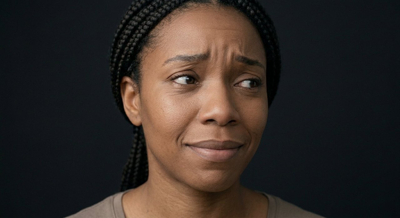 A woman's face showing awkwardness: gaze slipping aside and an uneasy, uncomfortable half-smile.