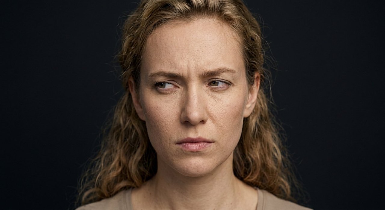A woman's face showing begrudgement: a sullen frown and a reluctant sour look.