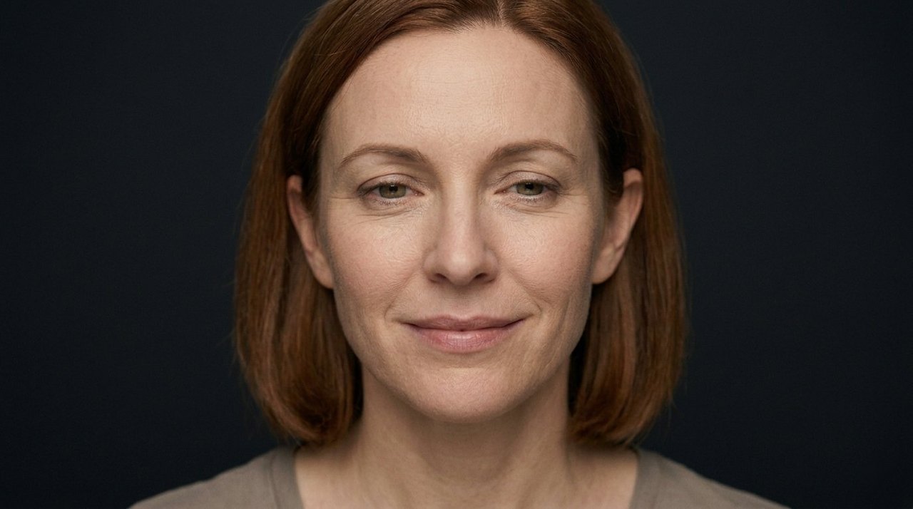 A woman's face showing belonging: a calm settled smile and softly relaxed eyes.