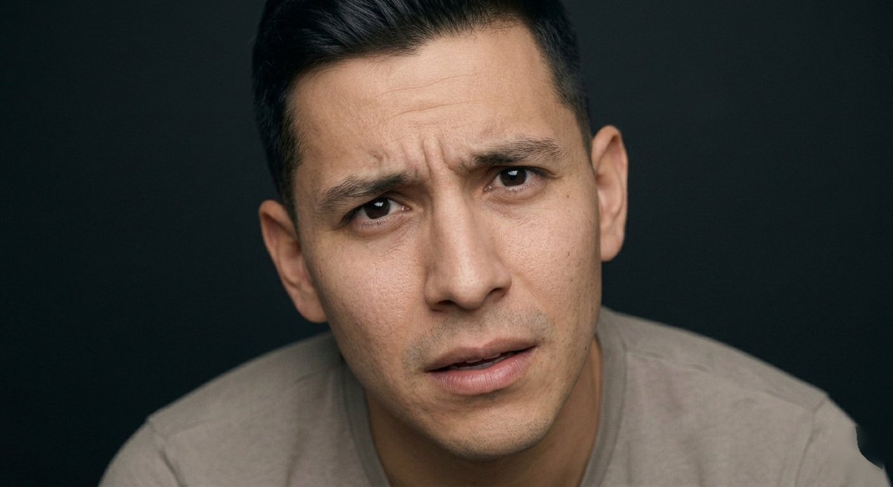 A man's face showing bewilderment: brow knotted, gaze searching, lips parted.