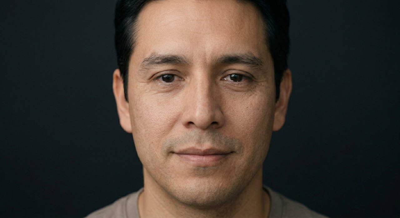 A man's face showing bittersweet recall: a faint wistful smile and soft, reflective eyes.