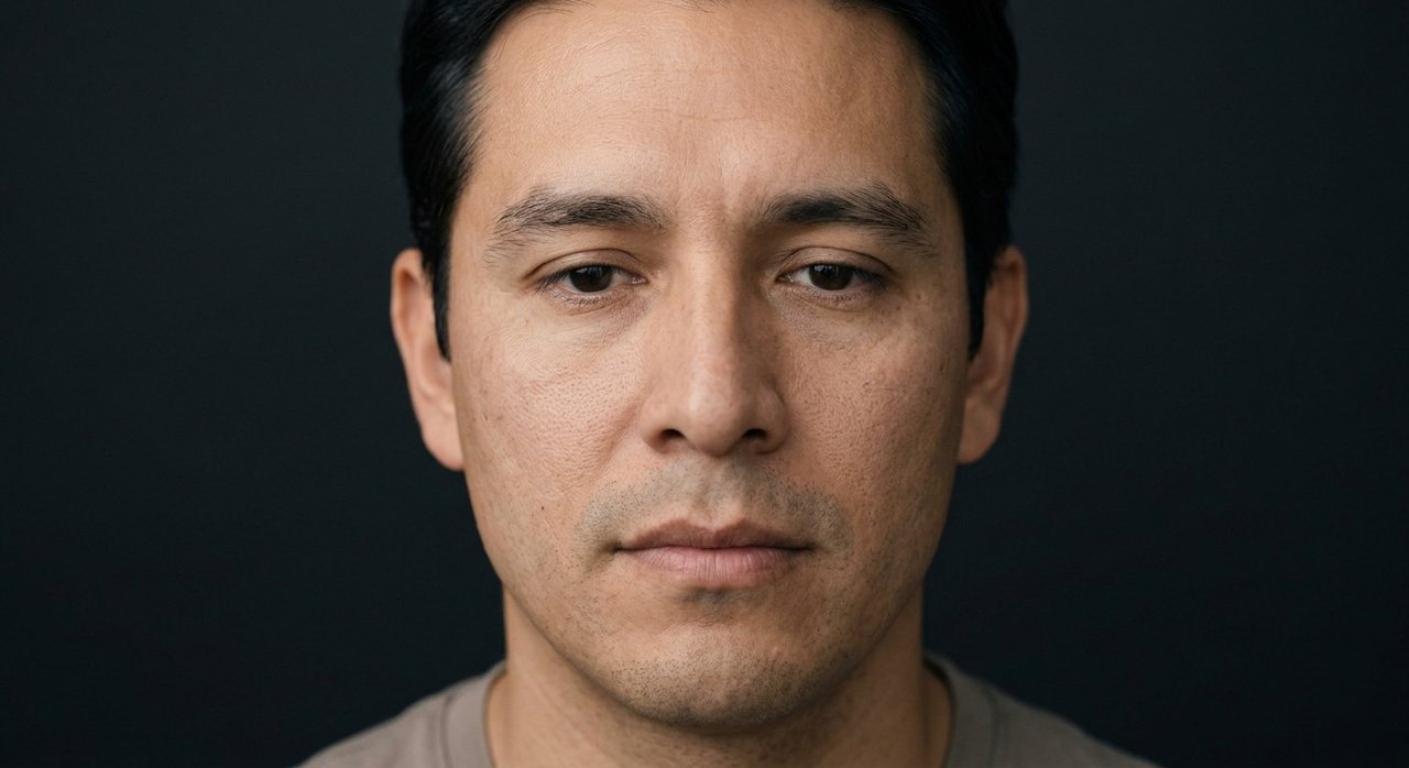 A man's face showing caution: a wary watchful gaze and a still, careful expression.