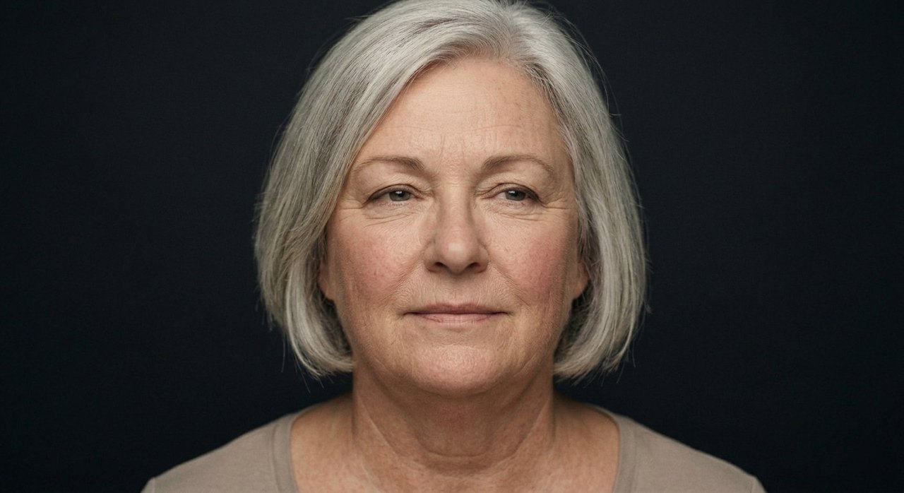 A woman's face showing certainty: a calm level gaze, a firm settled mouth, composed.