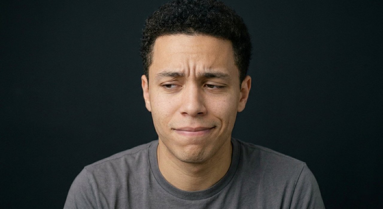 A man's face showing chagrin: a downturned wince, furrowed brow, gaze pulled aside.