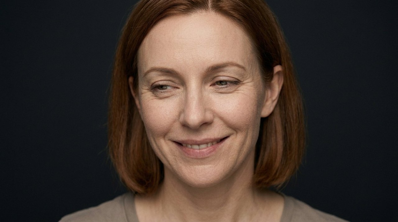 A woman's face showing cherishing: a tender smile, slightly narrowed eyes, a fond look.