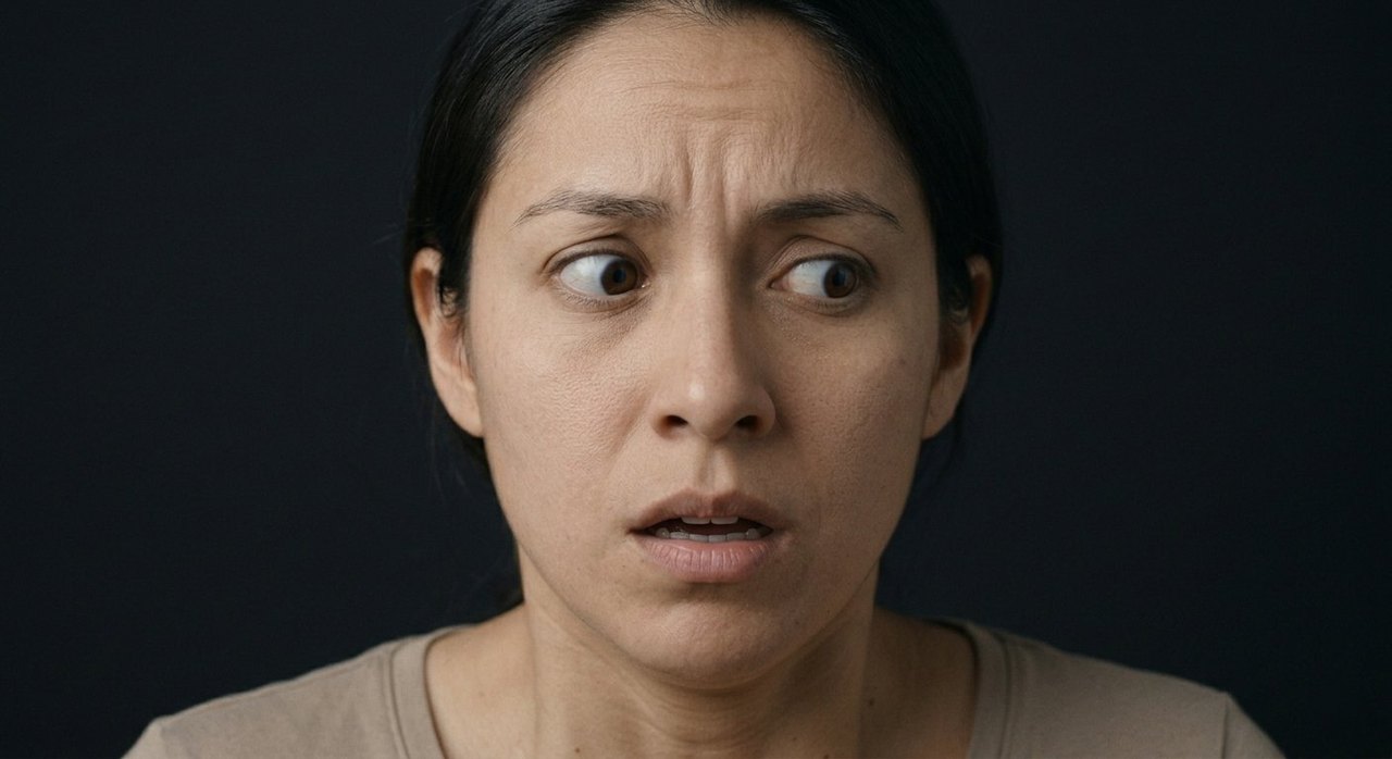 A woman's face showing claustrophobia: eyes wide, brow lifted, mouth open with trapped alarm.