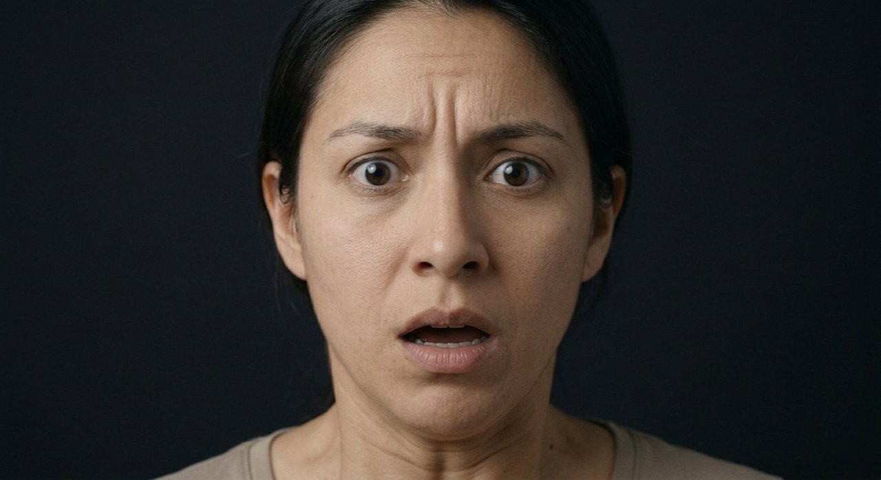 A woman's face showing claustrophobic dread: brow furrowed, eyes wide, mouth tense with alarm.