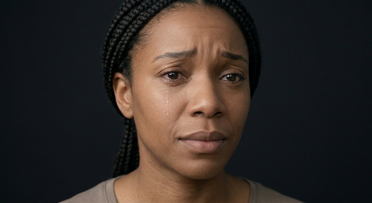 A woman's face showing compassion: brows raised in tender concern and soft, kind eyes.