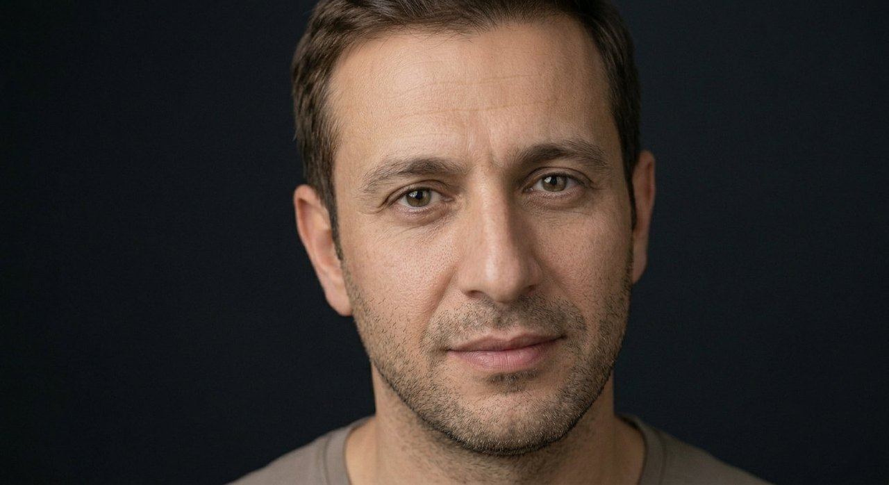 A man's face showing composure: a calm level gaze and a still settled face.