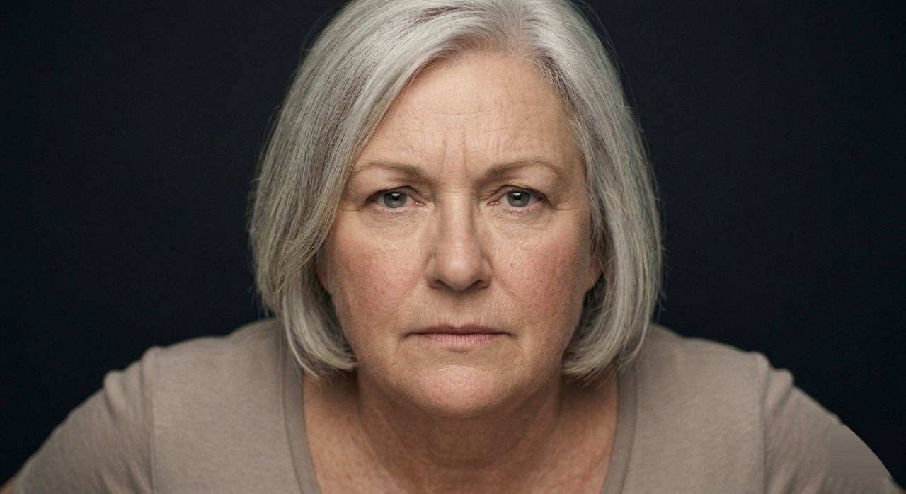 A woman's face showing concentration: drawn brows, a fixed focused stare, a serious set mouth.