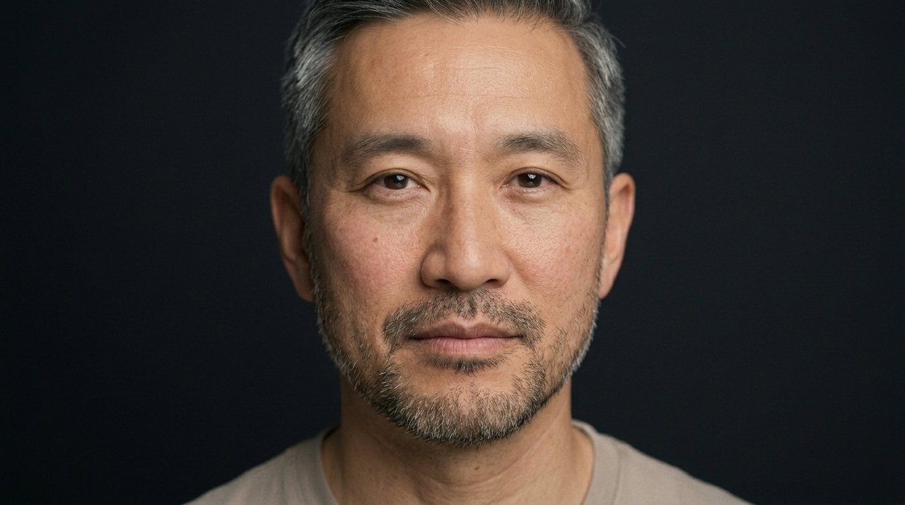A man's face showing confidence: a steady assured gaze and a calm slight smile.