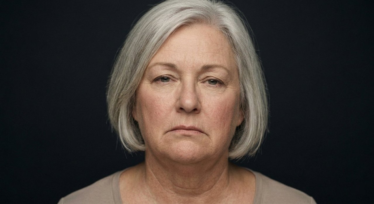 A woman's face showing confirmation bias: narrowed eyes, a fixed one-sided certain look.