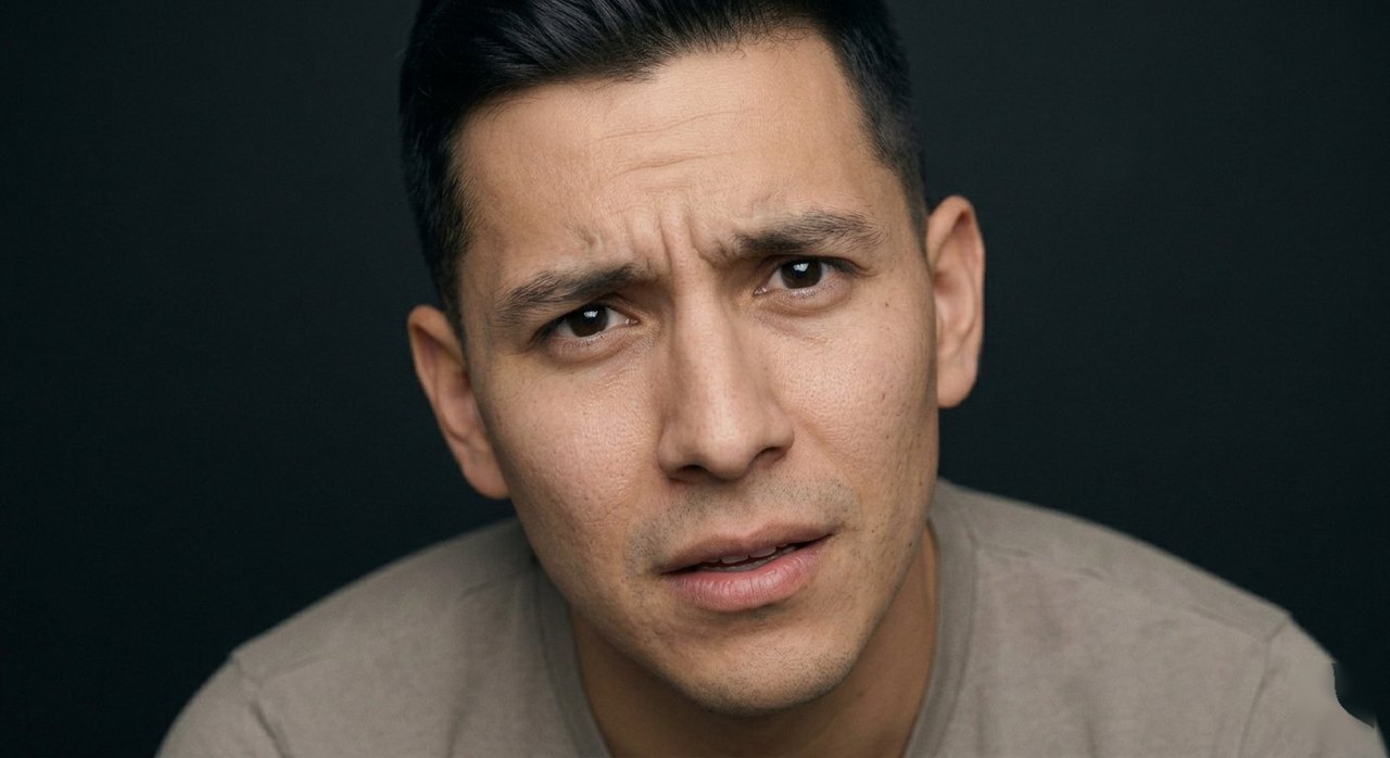 A man's face showing consternation: brow drawn together, mouth tense with worry.