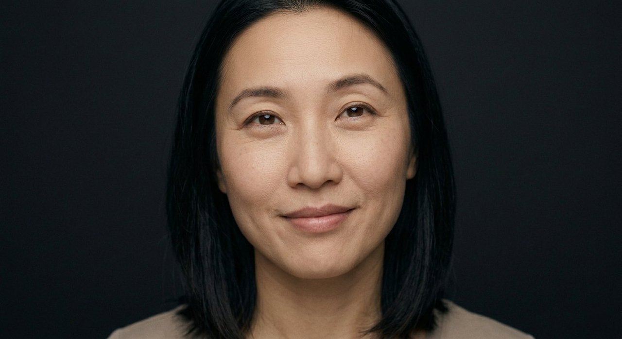 A woman's face showing contentment: a calm content smile and soft, settled, easy eyes.