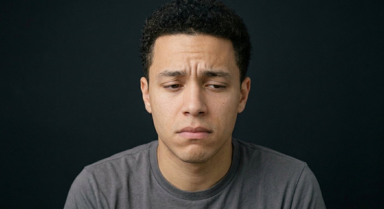 A man's face showing contrition: lowered eyes, a pressed mouth, brow drawn upward.
