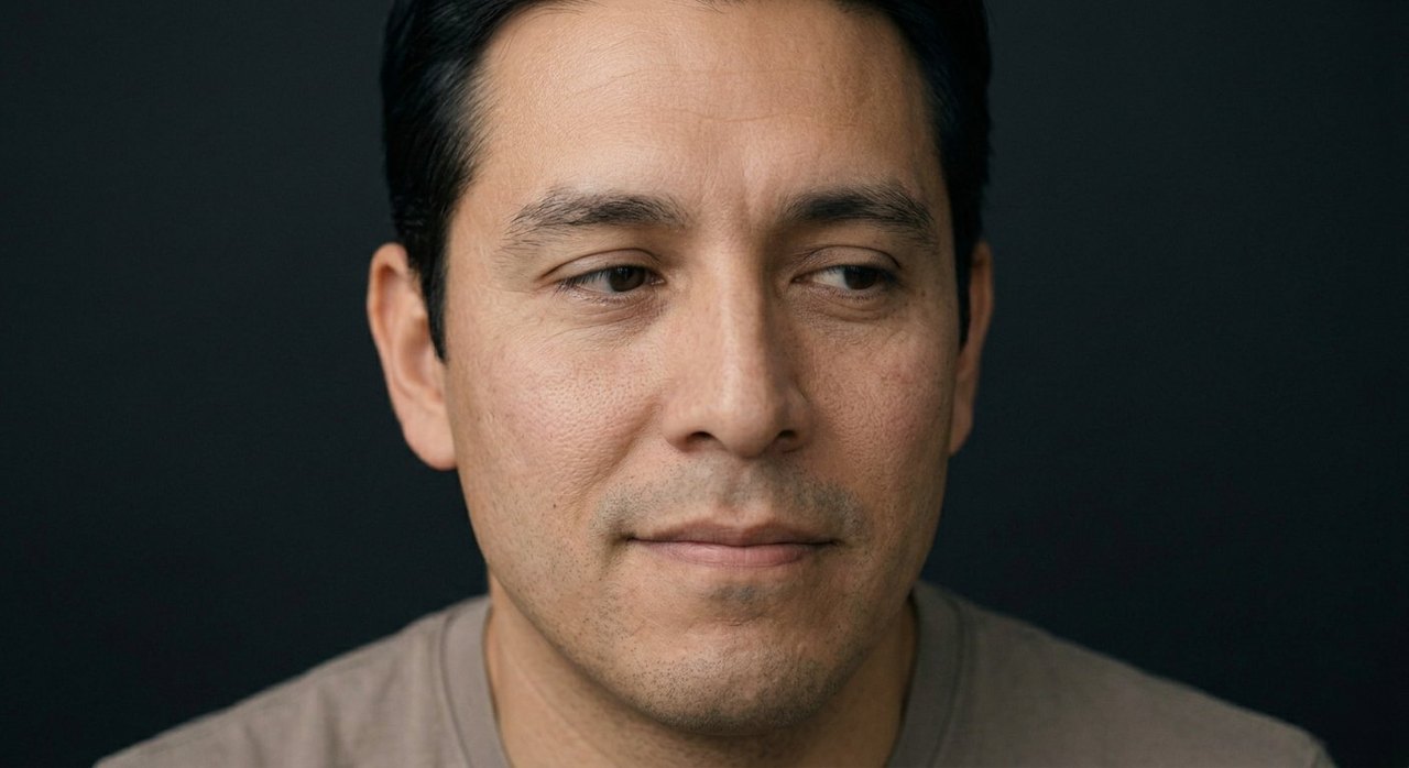 A man's face showing coyness: a sidelong glance and a small, shy smile.