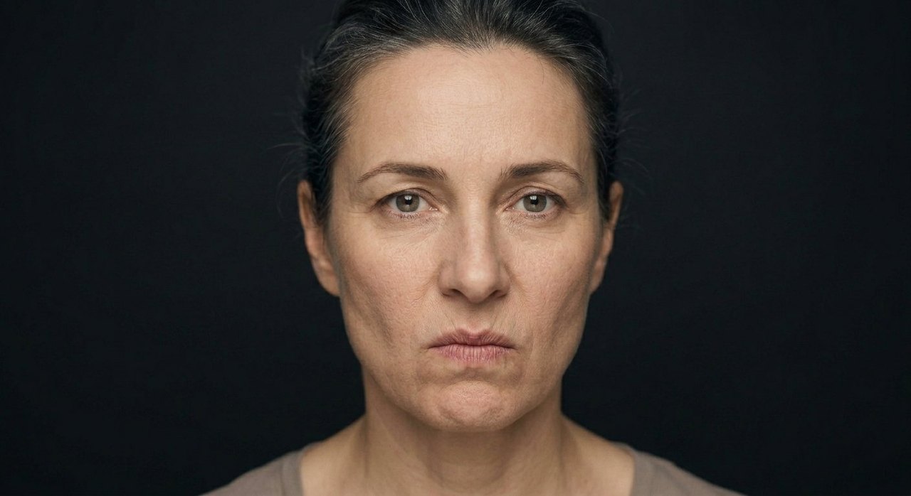 A woman's face showing cravings: a fixed forward gaze, pressed lips, a wanting look.