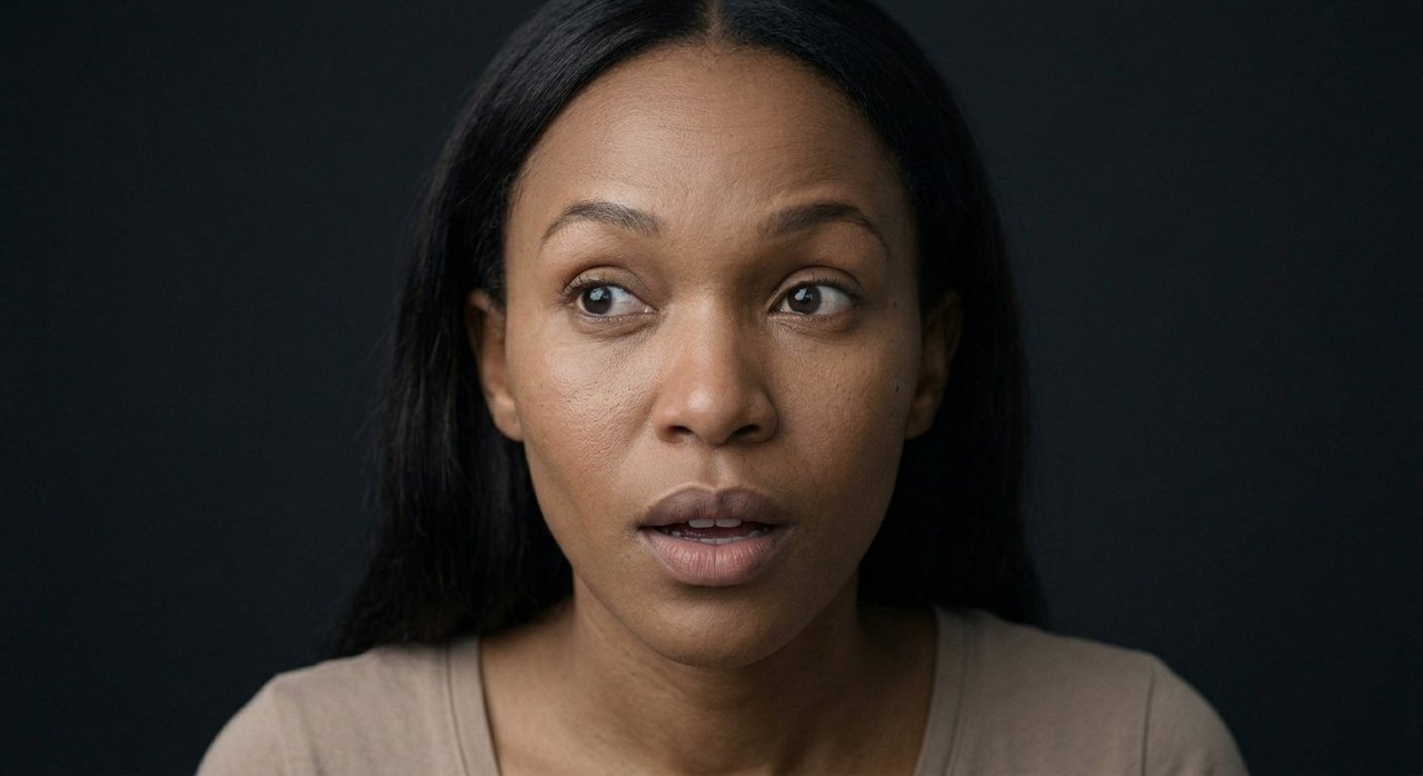A woman's face showing curiosity: wide intrigued eyes, raised brows, lips parted in question.