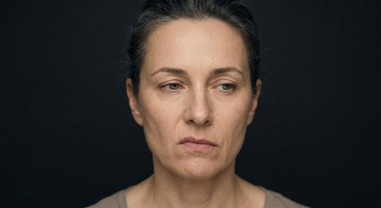 A woman's face showing cynicism: narrowed sceptical eyes, a faint sneer, a doubting look.