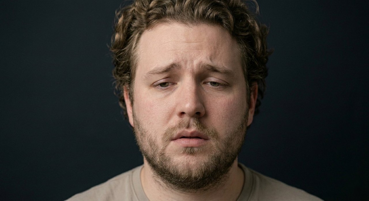 A man's face showing dejection: a downward beaten look, raised inner brow, parted lips.