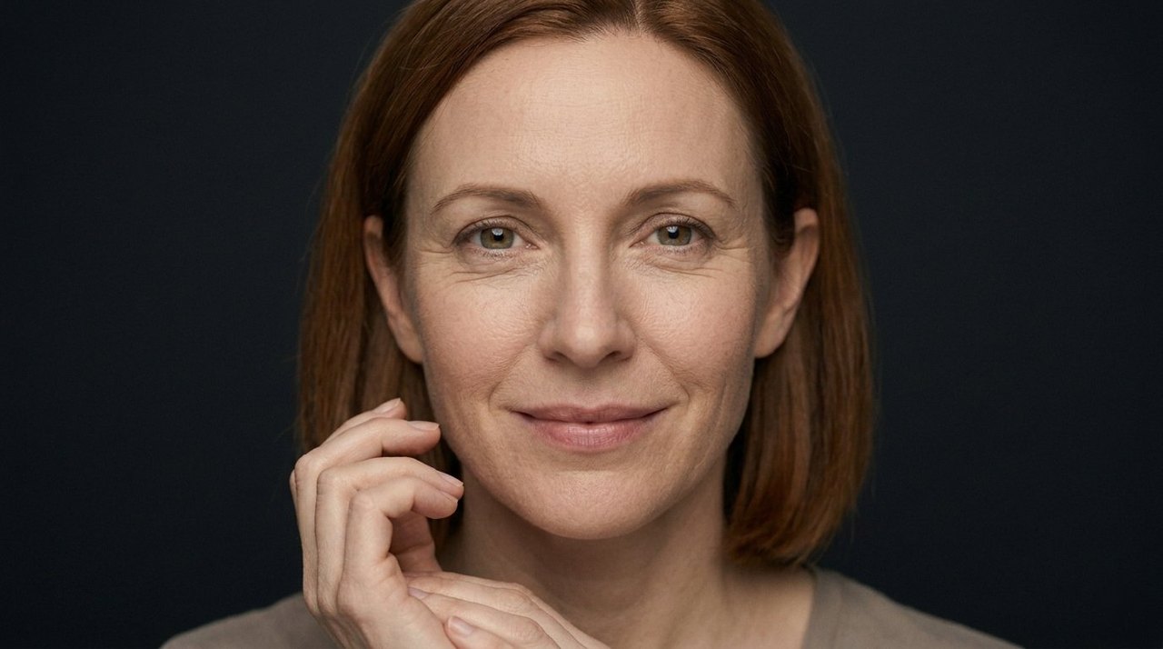 A woman's face showing delicacy: a light hand at the jaw, a soft careful look.