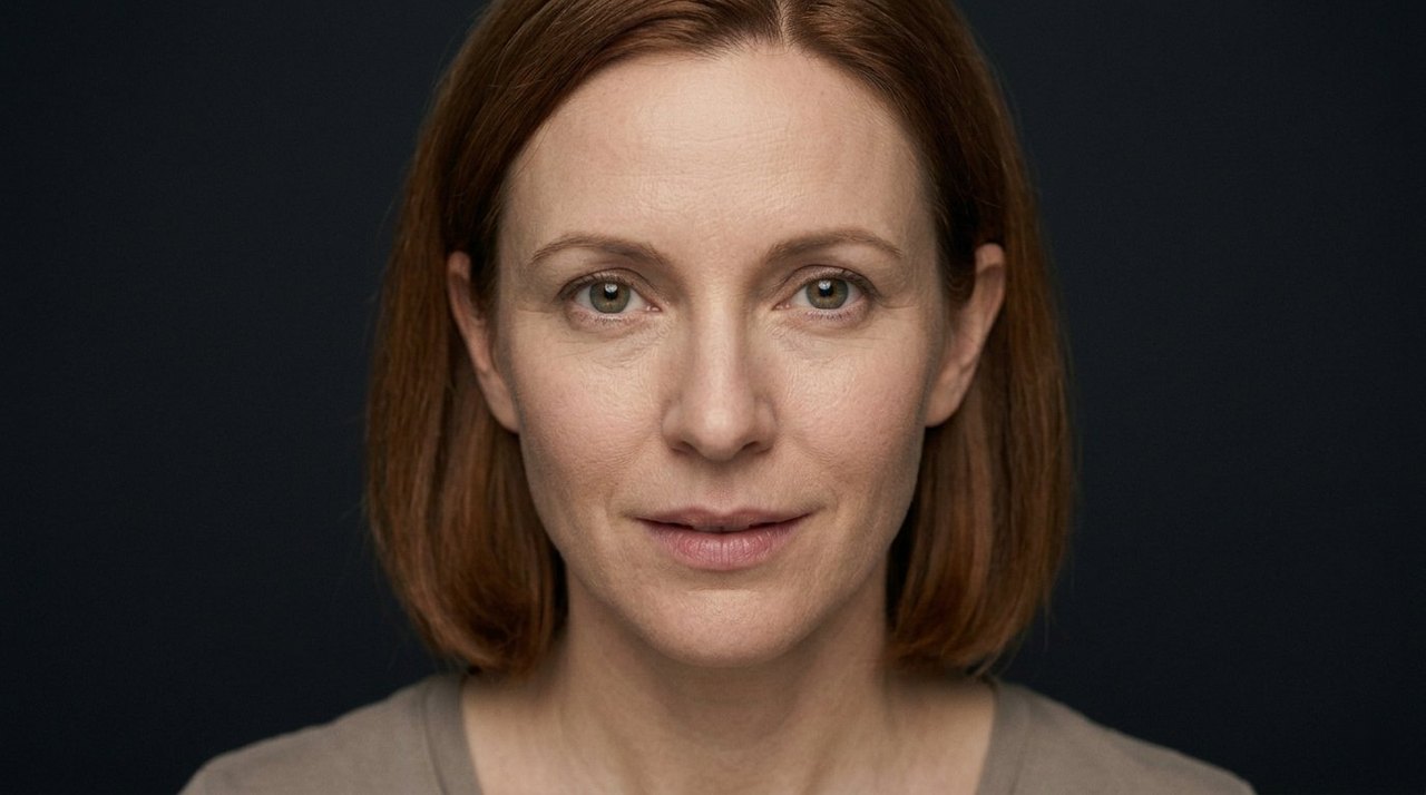 A woman's face showing desire: a steady direct gaze and slightly parted lips.