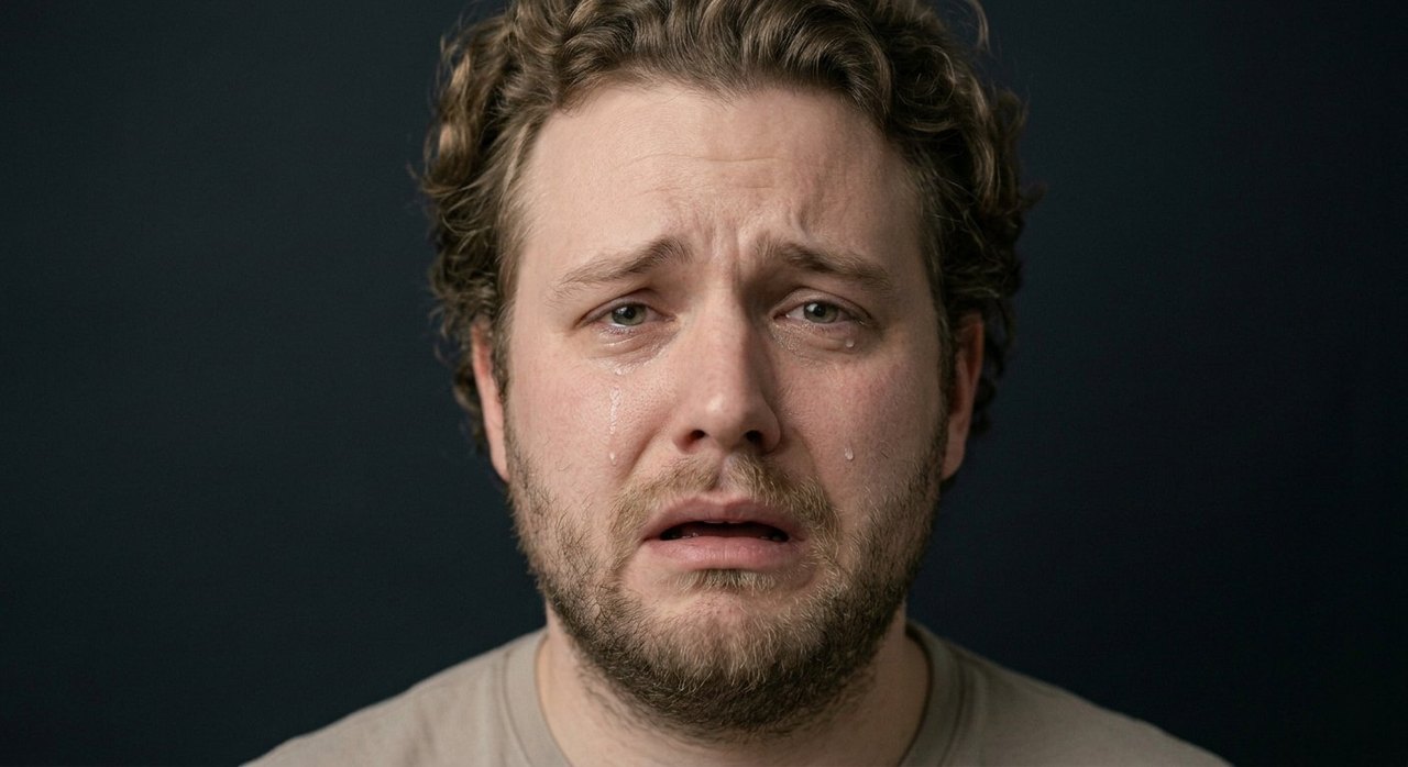 A man's face showing desolation: a crying open mouth, streaming tears, a devastated look.