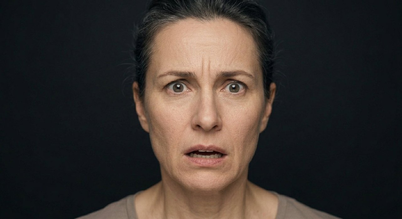 A woman's face showing desperation: a furrowed brow, parted lips, wide frightened eyes.