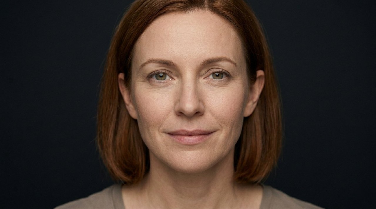 A woman's face showing devotedness: a steady calm gaze and a quietly loyal set.
