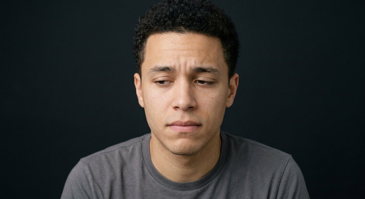 A man's face showing diffidence: a hesitant downward glance, slight frown, withdrawn expression.