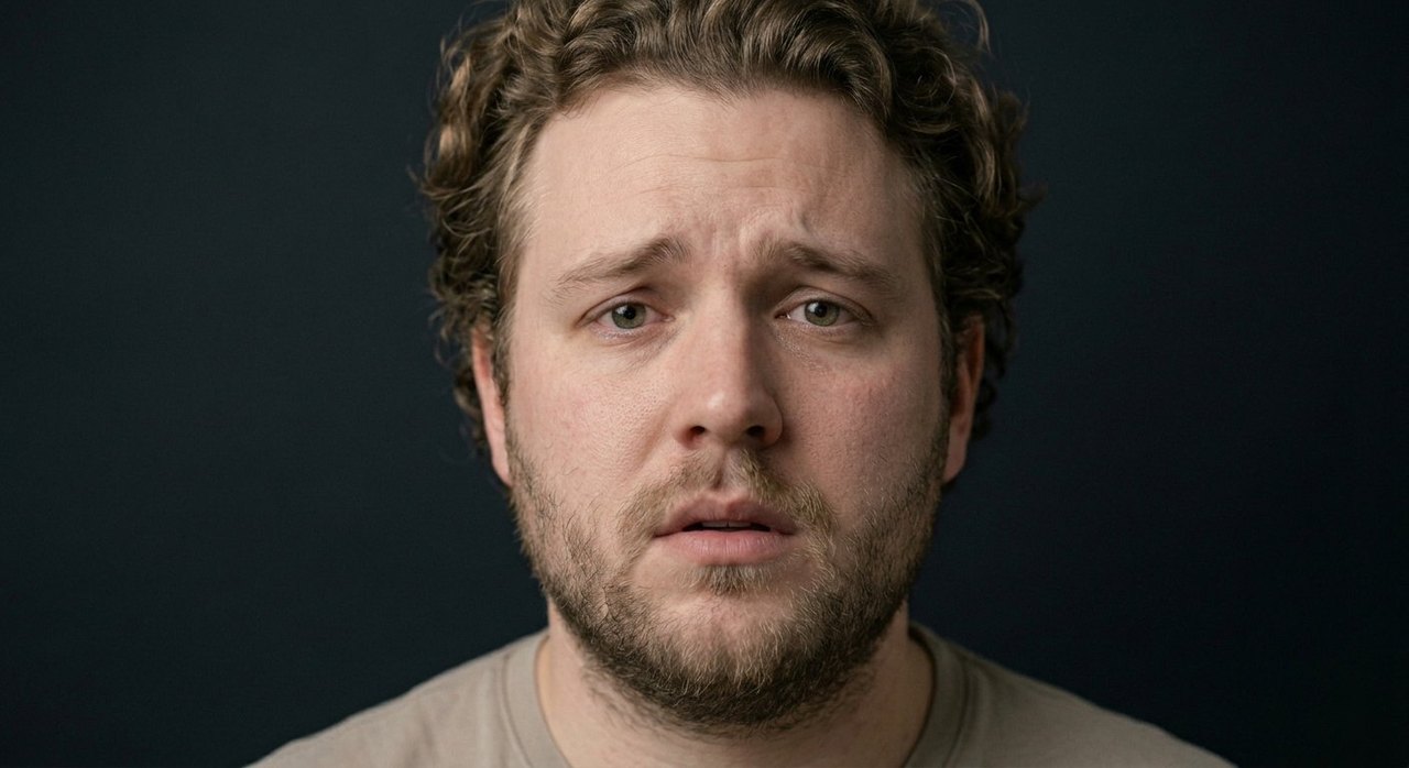 A man's face showing disappointment: a deflated look, raised inner brow, slightly parted lips.