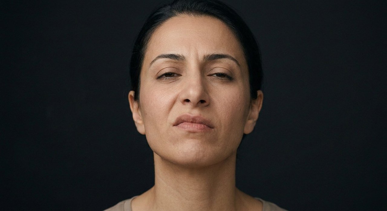 A woman's face showing disdain: chin lifted, lip faintly curled, a superior, dismissive look.