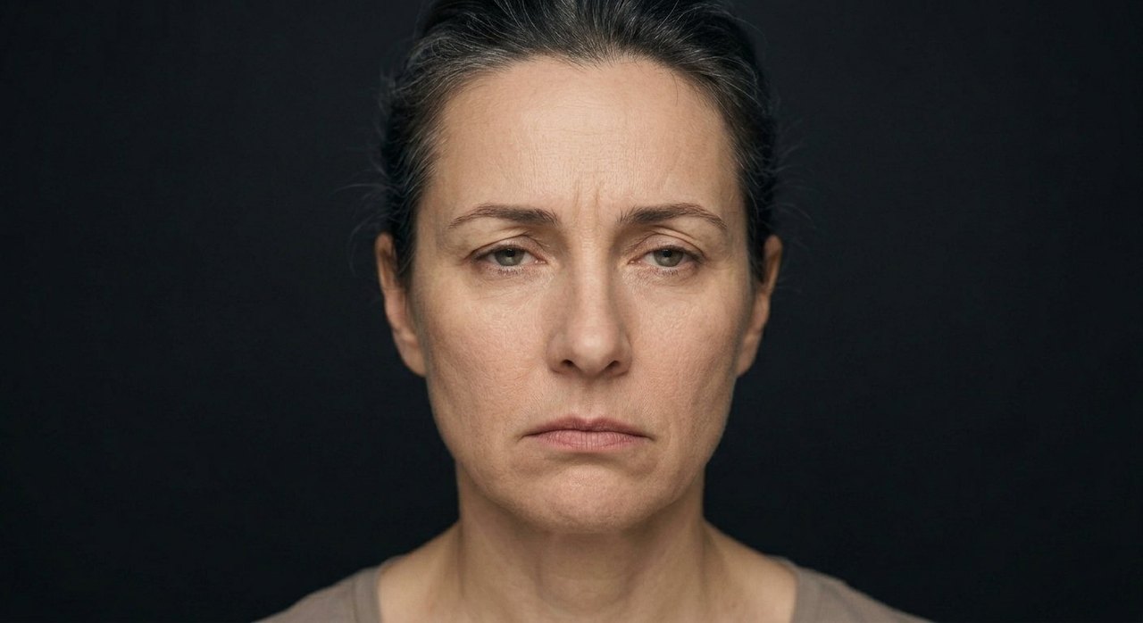 A woman's face showing disenchantment: a flat mouth, steady cool eyes, a disappointed look.